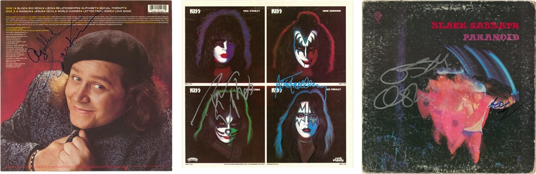 Rock & Roll and Comedian Signed Collection of (3) Signed by Sam Kinison, Ozzy Osbourne, Peter Criss & Ace Frehley (Beckett PreCert)